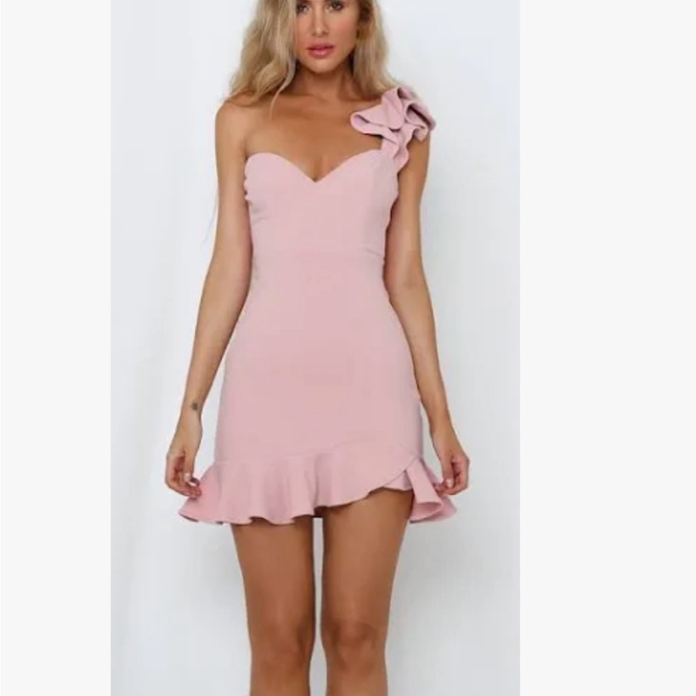 one shoulder blush pink mini dress